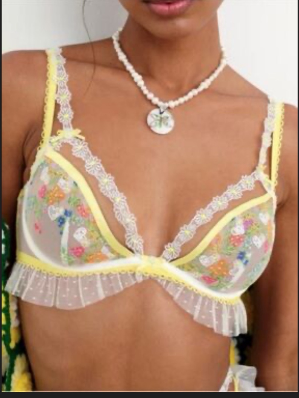 For Love And Lemons Sheer Floral Embroidered Bra in Yellow & White Size S
